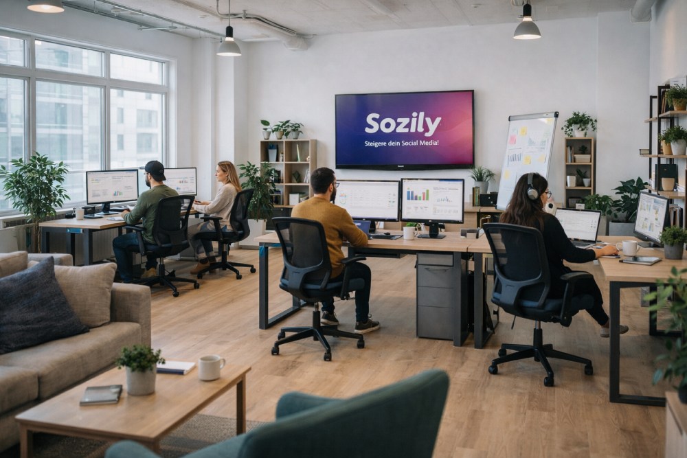 Blick in das moderne Sozily Büro in Berlin mit Team bei der Arbeit