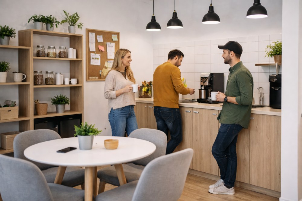 Das Sozily Team in der Kaffeepause im Berliner Büro - Entspannte Arbeitsatmosphäre
